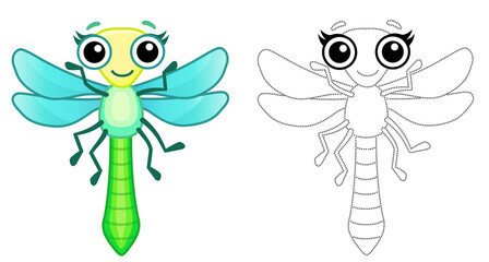 Coloring Insect for children coloring book. Funny dragonfly in a cartoon style. Trace the dots and color the picture