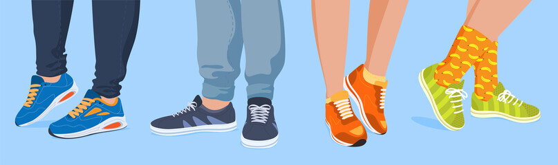 Fototapeta Collection human legs in sneakers vector flat illustration man and woman feet wearing sport footwear obraz