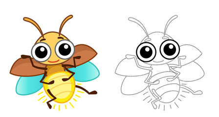Coloring Insect for children coloring book. Funny firefly in a cartoon style. Trace the dots and color the picture - obrazy, fototapety, plakaty