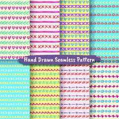Set of Trendy Hand Drawn Seamless Pattern