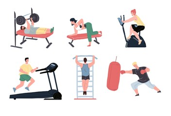 Set of vector flat cartoon characters enjoy sport activities at fitness gym.Athletes working out with barbell,dumbbells,doing cardio and pull ups.Healthy sporty lifestyle,life scene,social design