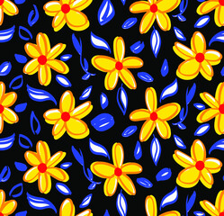 Obraz premium Abstract Hand Drawing Retro Flowers and Leaves Seamless Vector Pattern Isolated Background 