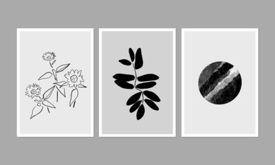 Modern aesthetic posters or greeting cards with plants and planet. Set of black and white ink illustrations. Can be used for interior decor, wall art, tote bag, t-shirt print.