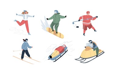 Set of flat cartoon characters doing sport activities outdoor at winter-skating,snowboarding,hockey,skiing,bobsleigh,snowmobile riding.Lifestyle and sports social concept,various poses and emotions.