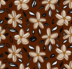 Fototapeta premium Abstract Hand Drawing Retro Flowers and Leaves Seamless Vector Pattern Isolated Background 