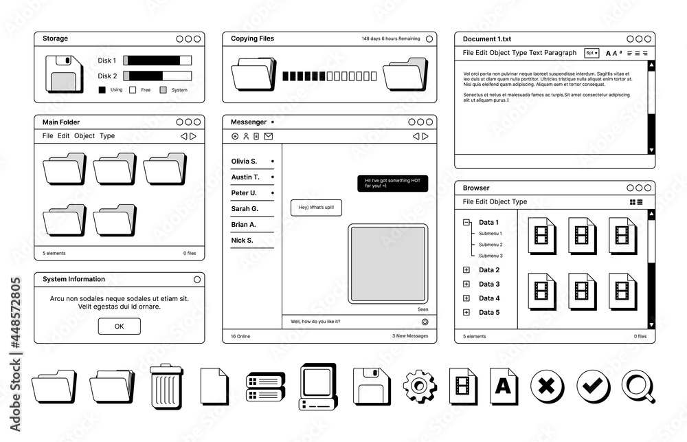 Poster web pages layout templates in retro style digital screen symbols icons dividers frames banners butto