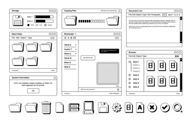 Web pages layout templates in retro style digital screen symbols icons dividers frames banners buttons garish vector flat illustration