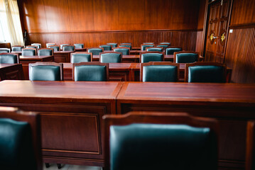 Table and chair in the courtroom of the judiciary,judge and trial. Auction. Law and Justice,...
