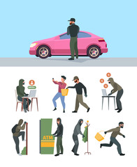 Robbery persons. Bad scary and dangerous asked thieves handbag victim burglary characters computer hackers garish vector colored flat illustrations isolated