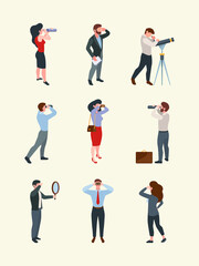 People watching telescope. Business characters looking up in binoculars or magnifying glass garish vector illustrations of exploring persons