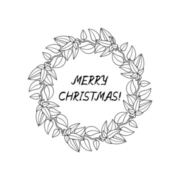 Monochrome Line Art Christmas Wreath clipart, poinsettia branches with red flowers. Merry Christmas handwritten lettering. Isolated on white background