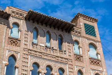 Detailed view of the facade of a Moorish-style building, Arabic architecture with decorative...