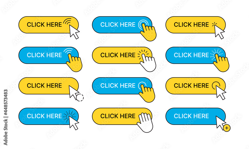 Poster Click here buttons. Web ui navigation elements arrows hand click pointers garish vector collection set isolated