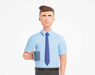 Portrait happy cartoon businessman in blue shirt hold coffee tea cup and smile over white background.