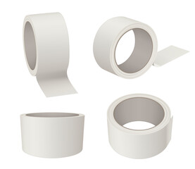 Sticky tape. Realistic white tape roll 3d view office supply items decent vector business mockup template collections