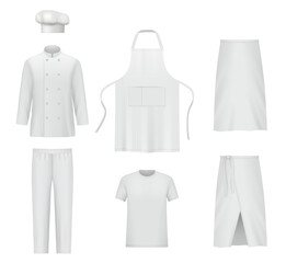Professional clothes. Chef uniform pants and jacket realistic suit of cook for preparing food decent vector mockup collection