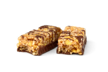 Granola bar with chocolate isolated on white background.