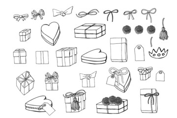 Set of gift boxes, wrapping, bows and ornaments for Christmas or other celebrations. Isolated on white background.