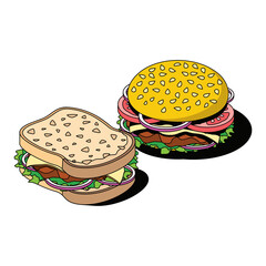 Burger and sandwich. Vector 3d sketch line isometric, color icon illustration, flat style. Creative design idea and elements for infographics and website.