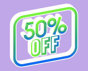 Green and blue 3D price 50% off with gradient. Offer stamp with perspective and bounced. for use in online stores, brochures and digital marketing