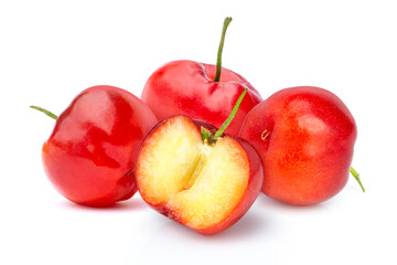 Fresh red acerola cherry fruit with cut in half sliced isolated on white