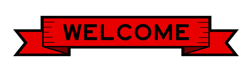 Vintage red color ribbon banner with word welcome on white background