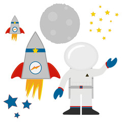 Fototapeta na wymiar Ilustração astronauta com nave especial, lua e estrela divertida