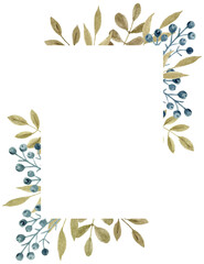 Obraz premium Hand drawn watercolor painting with greenery frame composed of green twigs and leaves. Foliage frame for wedding invitation or greenery border for stationery.
