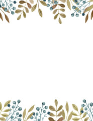 Hand drawn watercolor painting with greenery frame composed of green twigs and leaves. Foliage frame for wedding invitation or greenery border for stationery.