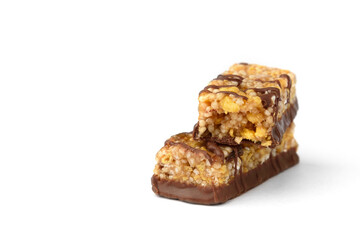Granola bar with chocolate isolated on white background.