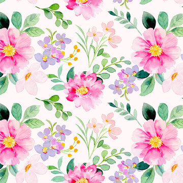 Seamless pattern of pink flower watercolor