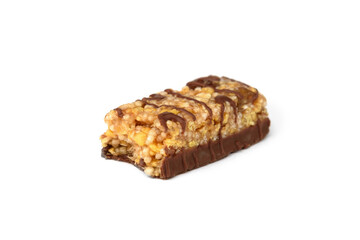 Granola bar with chocolate isolated on white background.