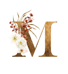 Floral Alphabet - letter M with flowers bouquet composition and delicate gold texture. Unique collection for wedding invites decoration and many other concept ideas. - obrazy, fototapety, plakaty