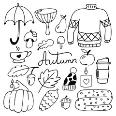 Doodle autumn set. Hand drawn elements of fall. 