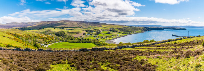 A panorama view over Uig on the Isle of Skye, Scotland on a summers day