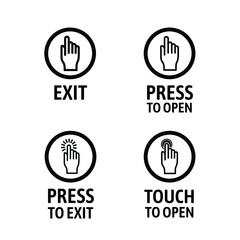 Door operation buttons, controls or icons. Vector template. Black silhouette of a hand in a circle with a signature. Push to open or press to exit. 