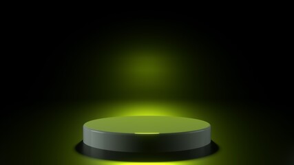 3D rendering stand podium on black background with green light