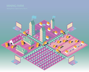 Isometric cryptomining farm concept. Digital Crypto Mining Technology. Illustration with Blockchain Farm composition. Trucks and Tracktors digging and moving bitcoins from farms to laptops