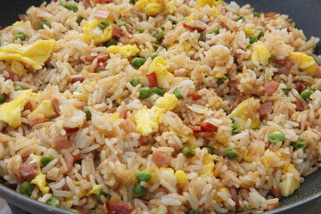 cooked ham fried rice close up showing detail