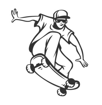 Stylish young skater jumping, skating Skateboard. Teenagers street culture entertainment. Skateboarding guy Hand-drawn outline contour silhouette. Can be used as tatoo, t-shirt. Vector illustration.