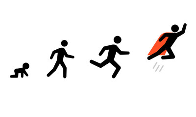 Crawl Walk Run Fly stickman icon set. Clipart image isolated on white background