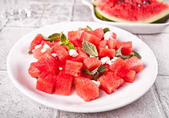 Salad with watermelon, feta cheese and mint leaf