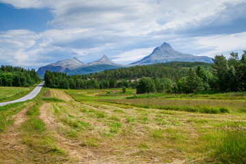 Fototapeta premium Summer view from below of Mount Heilhornet in Norway. High peaks rest on the blue sky. Green fields, forests and a road going to the horizon.