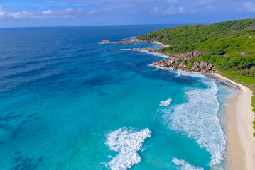 Fototapeta na wymiar Aerial view of beautiful beach in La Digue, Seychelles