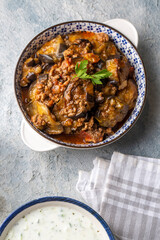 Traditional delicious Turkish food; eggplant moussaka (Turkish name; Patlican musakka and cacik)