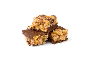 Granola bar with chocolate isolated on white background.