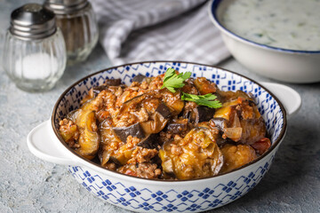 Traditional delicious Turkish food; eggplant moussaka (Turkish name; Patlican musakka and cacik)