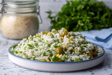 Rice with vegetables, rice salad (Turkish name; Cin pilavi salatasi)