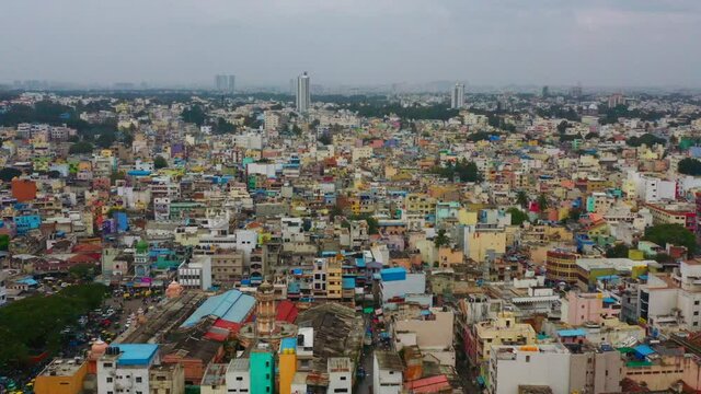 Camera flies over congested urban community in Bangalore India
