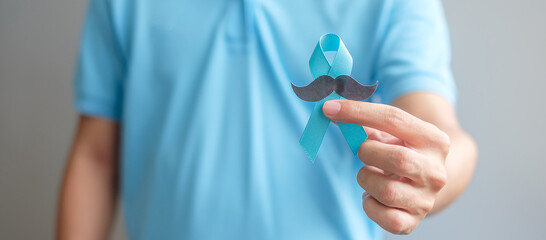 November Prostate Cancer Awareness month, Man holding Blue Ribbon with mustache for supporting people living and illness. Healthcare, International men, Father and World cancer day concept